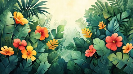 Colorful flowers and foliage in a tropical jungle scene