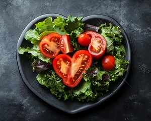 A tomato salad presented on a black heart shaped plate
