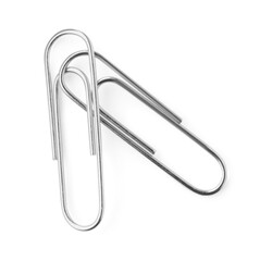 Metal paper clips isolated on white, top view