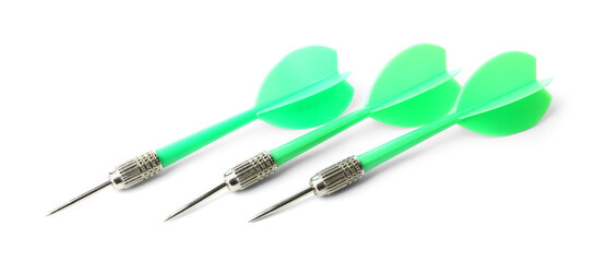 Green dart arrows isolated on white. Sports equipment