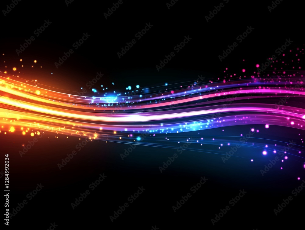 Poster abstract multicolored glowing lines and particles