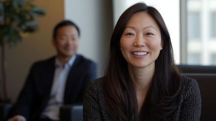Fototapeta premium Chinese businesswoman, blurred work in the background