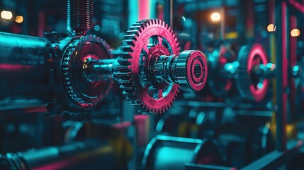 Colorful Industrial Gears and Machinery in Neon Lighting