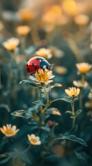 A ladybug rests on a small white flower in a field of wildflowers at sunset.