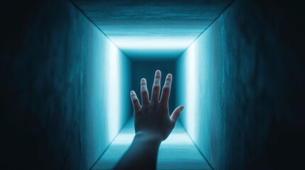 A hand reaching towards a glowing light at the end of a dark tunnel, symbolizing hope, aspiration, and the pursuit of clarity in challenging situations.