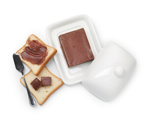Tasty sandwiches with chocolate butter and knife isolated on white, top view
