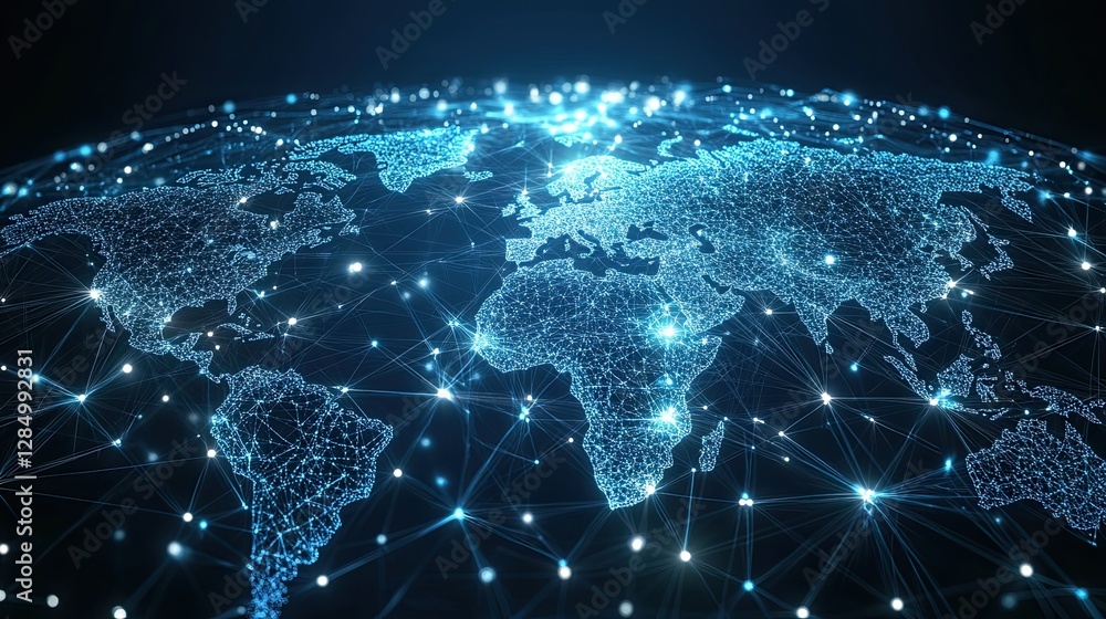 Aufkleber high-tech digital world map with glowing network connections, representing global communication, dat