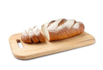 Wooden cutting board with fresh bread isolated on white