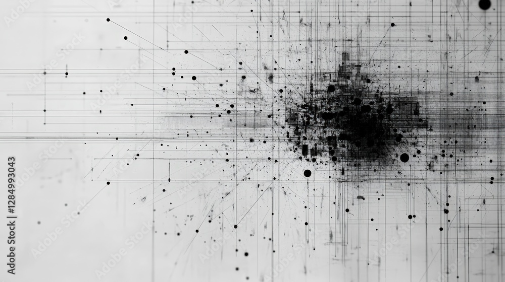 Poster black digital virus expanding across a white grid network system, illustrating the threat of cyber s