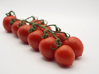 Isolated close-up of ten roma tomatoes (solanum lycopersicum) on a vine seen from an angle on white background. Concept: ingredients, healthy eating, cooking,