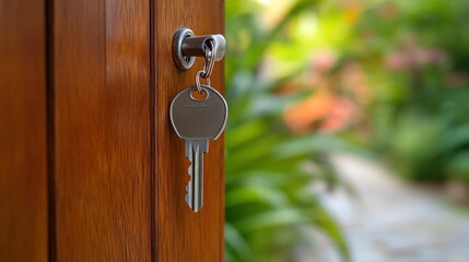Key in a Door Lock Surrounded by Lush Greenery and Flowers