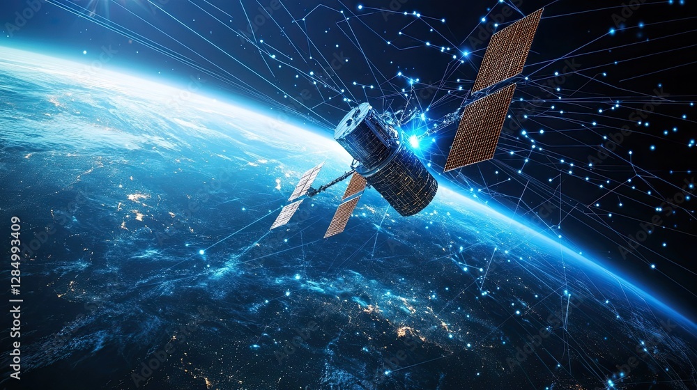 Poster high-tech satellite with digital signals emanating from it, representing global communication.