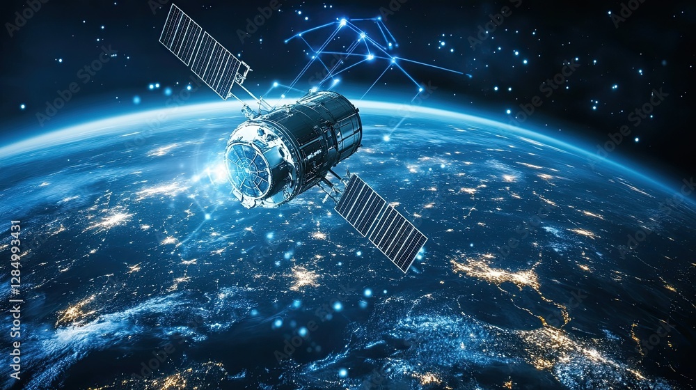 Poster high-tech satellite with digital signals emanating from it, representing global communication