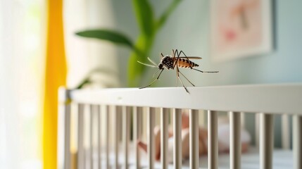 Naklejka premium Mosquito on Crib Near Sleeping Baby in Bright, Cozy Nursery