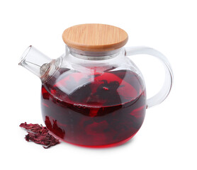 Delicious hibiscus tea in glass teapot and dry roselle sepals isolated on white