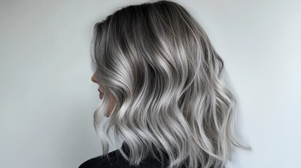 Naklejka premium Stylish Gray Hair with Waves and Soft Shine in Elegant Hairstyle