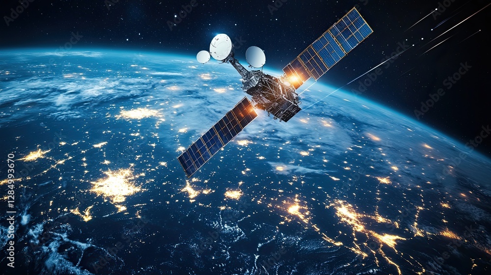 Poster high-tech satellite with digital signals emanating from it, representing global communication.