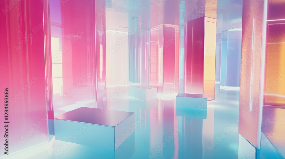 Poster holographic financial data floating in a pastel-toned digital environment, ideal for futuristic, fin
