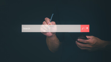Information search technology, search engine optimization, male hand using a smartphone to search information, using the search bar function on your website