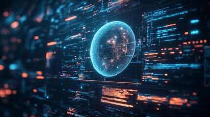 Obraz premium Glowing sphere surrounded by complex digital code environment