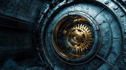 Obraz premium Intricate Gear Mechanism Inside a Large Industrial Vault Door