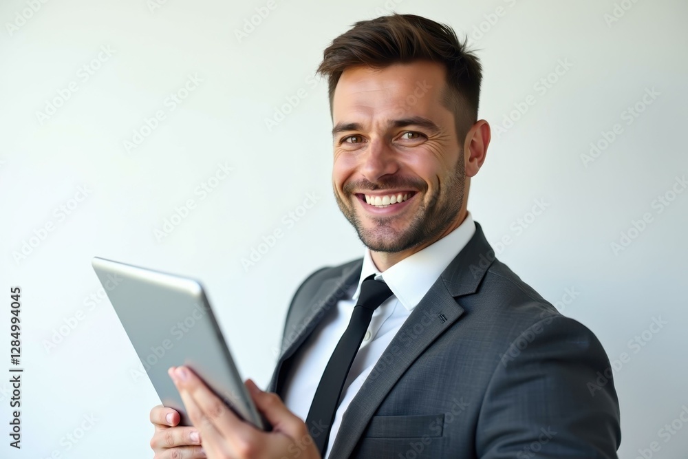 Poster man is smiling while holding tablet computer in his hands
