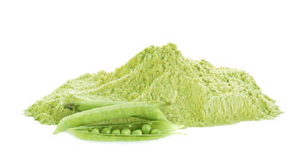 Protein powder and green fresh peas on white background