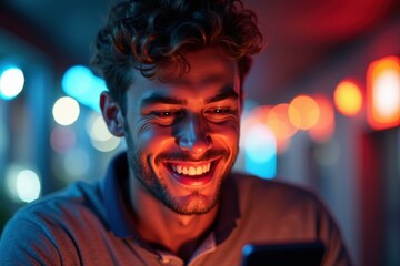 Young man with curly hair smiling brightly using smartphone, capturing joyful moment, perfect for social media, technology, lifestyle themes, colorful bokeh background with warm and cool tones night