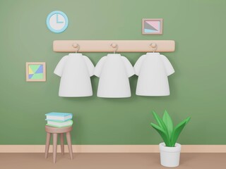 3Dレンダリングの白いTシャツと室内