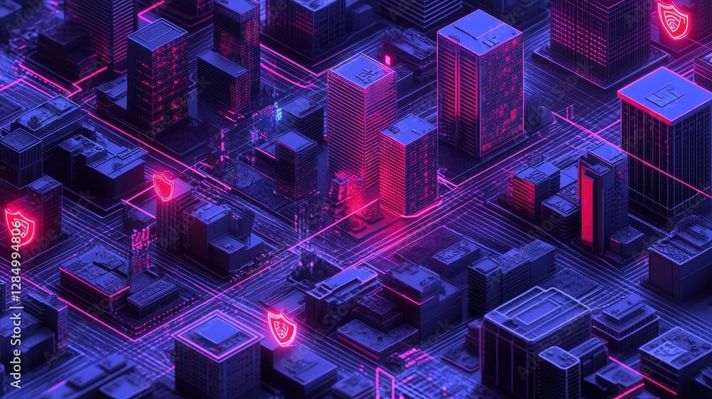 Poster glowing digital shields hovering over a futuristic cityscape on a circuit board symbolize robust cyb
