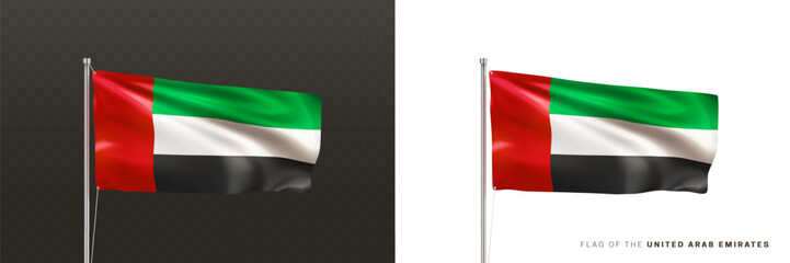 Realistic national flag of the United Arab Emirates on a metal flagpole isolated on black and white background. Waving in the wind flag. UAE patriotic symbol. 3d vector illustration