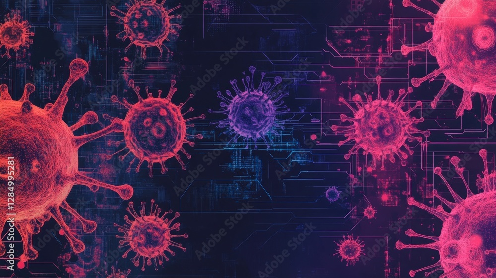 Poster computer virus attacking system, representing cyber security threat and data breach, with digital vi