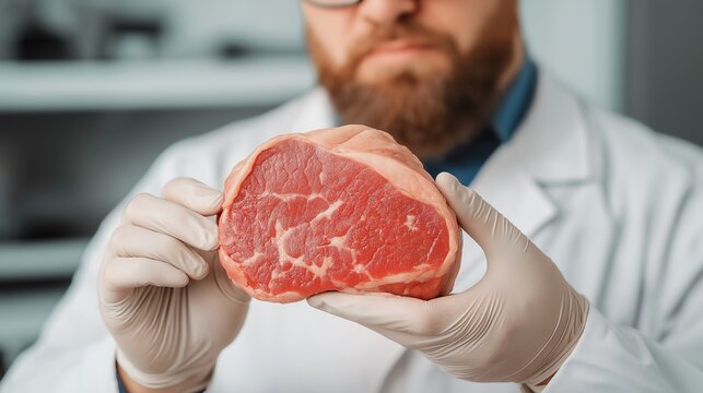 A male butcher examines a fresh cut of meat, showcasing his expertise in meat selection and preparation. The clean, professional environment emphasizes food quality and safety.