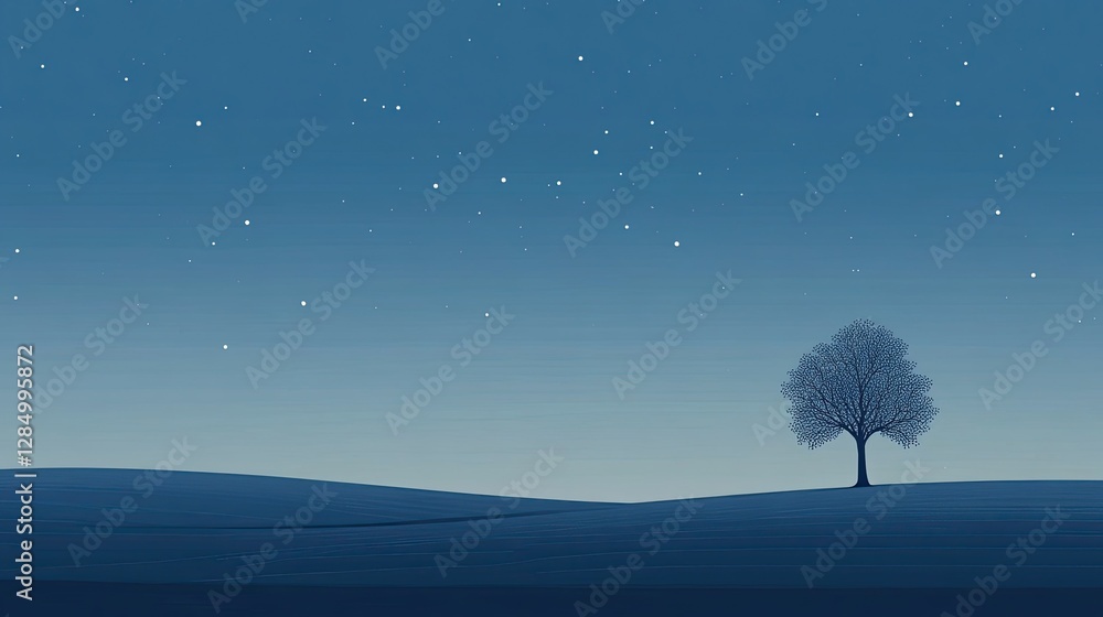 Aufkleber minimalist design of a lone tree in a field under a starry sky, offering a calm and serene visual th