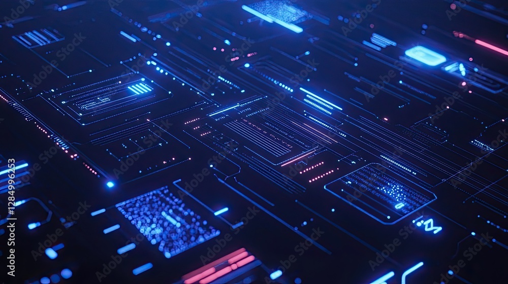Poster minimalistic blue tech interface with glowing lines and icons for a sleek digital experience