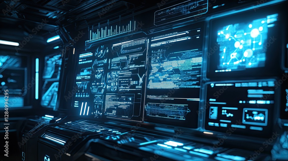 Poster minimalistic blue tech interface with glowing lines and icons for a sleek digital experience.