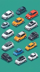 Car models isometric view, parking lot, various colors