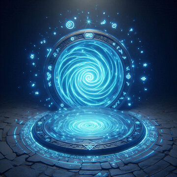  Glowing blue teleporter trap in a dark dungeon