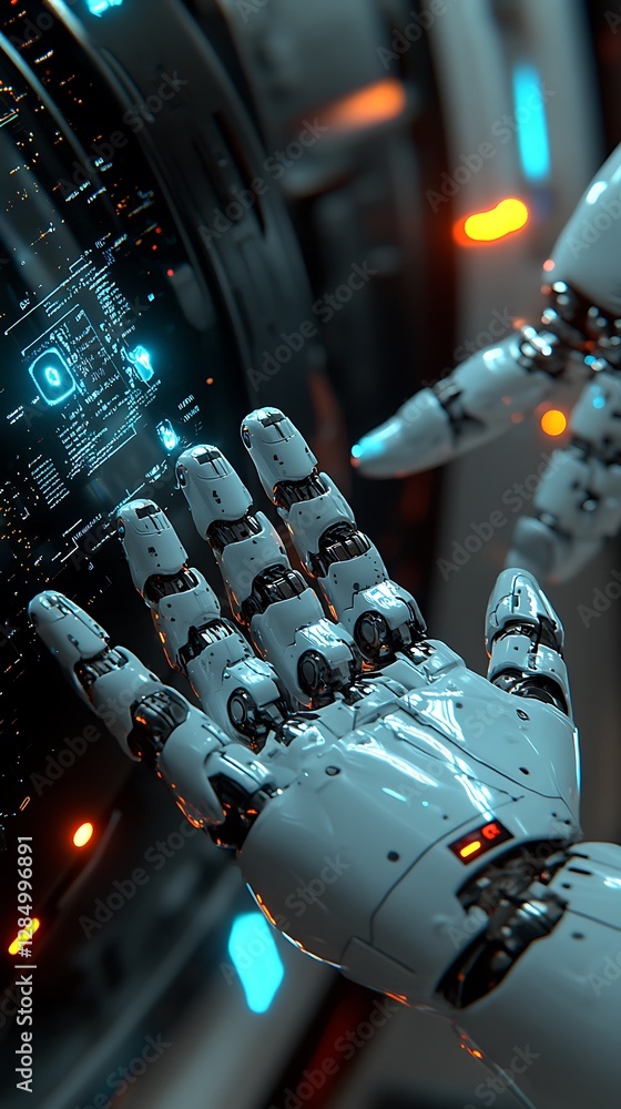 Poster a robotic hand interacts with a digital information display
