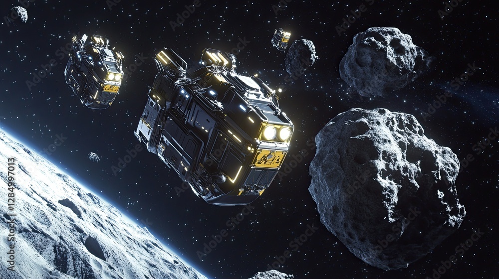 Poster mining drones navigating an asteroid in space, illustrating futuristic technology and space explorat