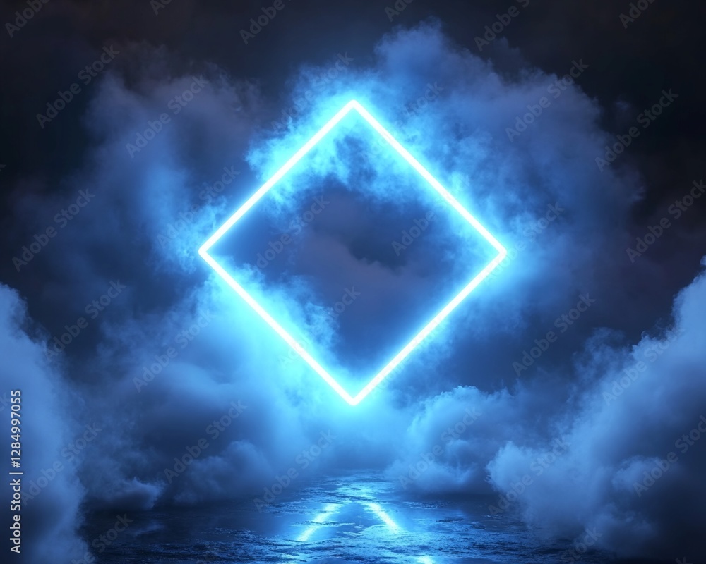 Poster Digital Rendering: Blue Neon Square Frame in Cloudscape