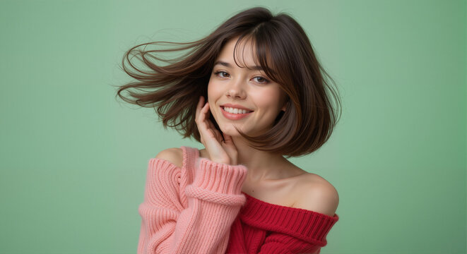 18h A photograph of a happy, brunette woman with a bob hairstyle, voluminous styling, her hair flowing in motion, wearing a pink and red off-the-shoulder sweater, posing against a pastel green backgro