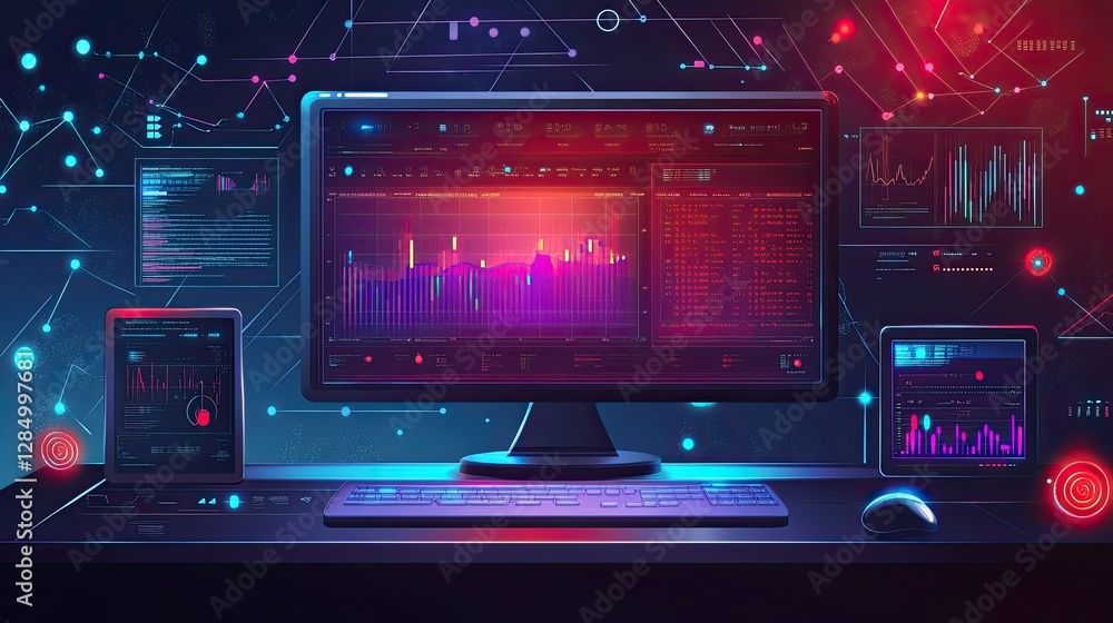 Poster modern workspace with a computer displaying data analytics visuals, perfect for business, technology