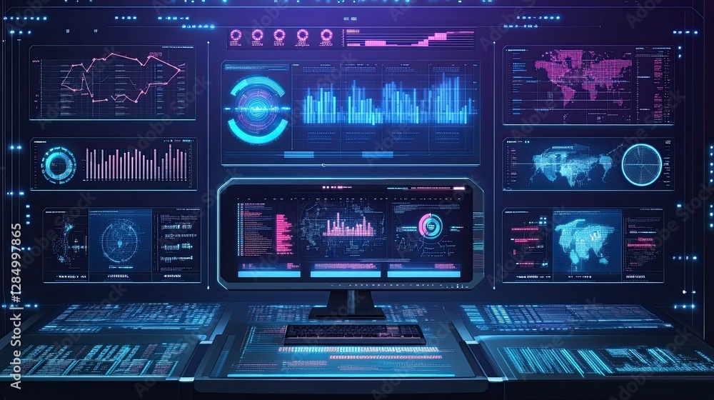 Poster modern workspace with a computer displaying data analytics visuals, perfect for business, technology