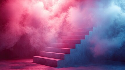 A Staircase Illuminated In Pink And Blue Colors With Smoke