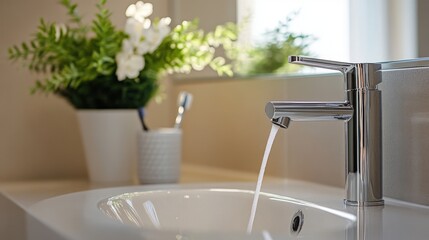 A clean, modern bathroom with a chrome faucet running water into a simple, minimal sink, emphasizing a fresh, contemporary style.