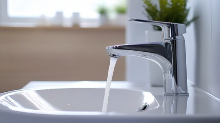 A clean, modern bathroom with a chrome faucet running water into a simple, minimal sink, emphasizing a fresh, contemporary style.