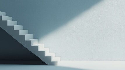 A modern staircase with a clean, minimalist design. The interplay of light and shadow creates a serene atmosphere, making it ideal for architectural and interior design themes.