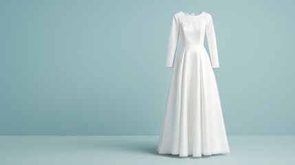 White Wedding Dress Displayed Against Light Blue Background