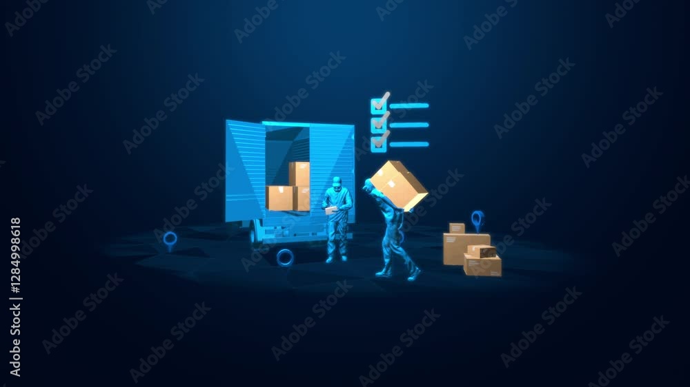 Poster efficient cargo loading and delivery truck inspection with workers checking transport documents in a